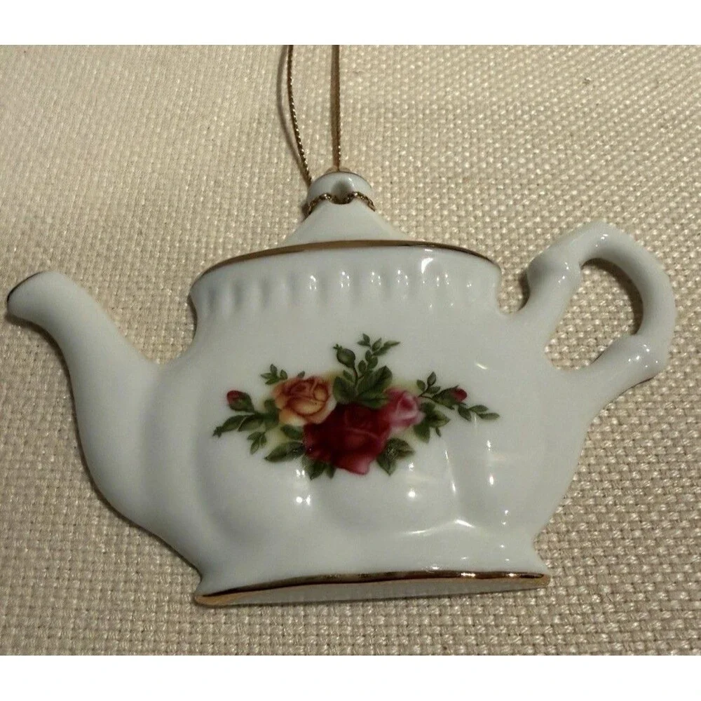VTG Royal Albert Old Country Roses Teapot-shaped Christmas Ornament Bone China